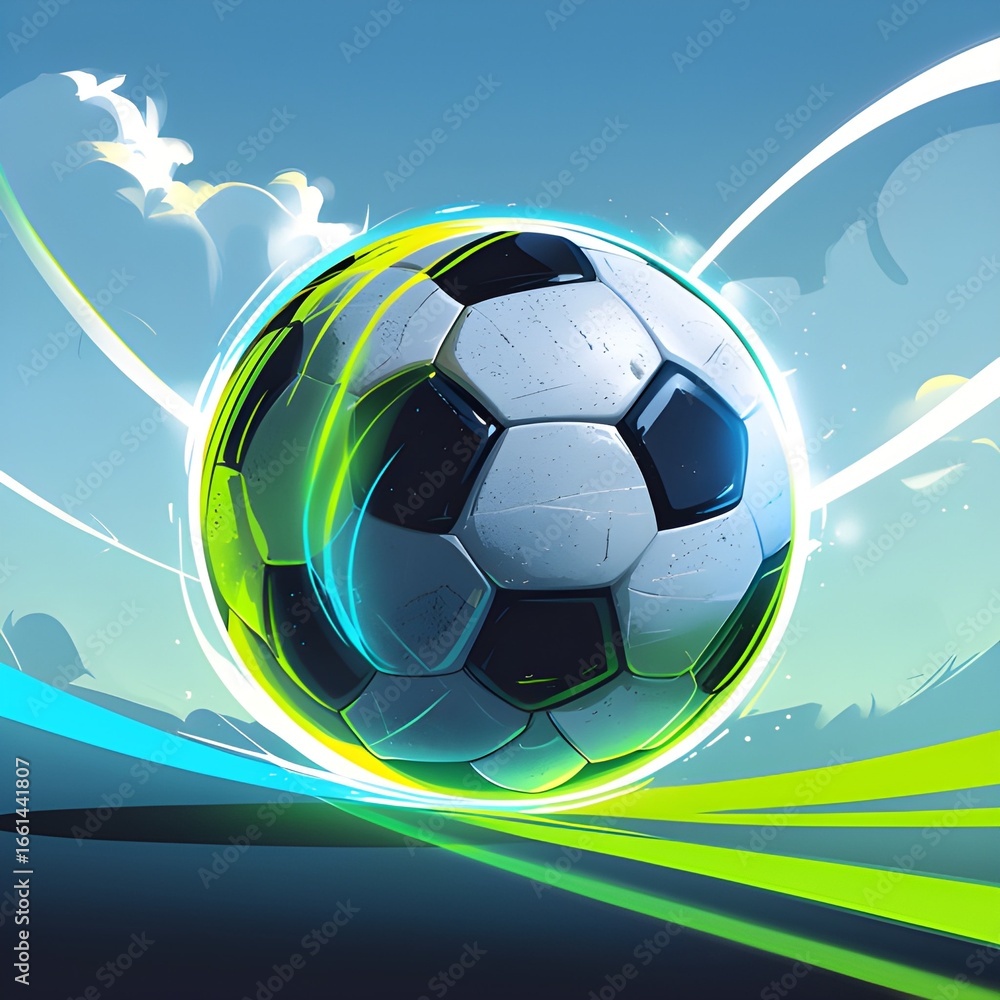 Fototapeta premium AI Generative. Soccer Ball withGreen Blue Light Trail. 2