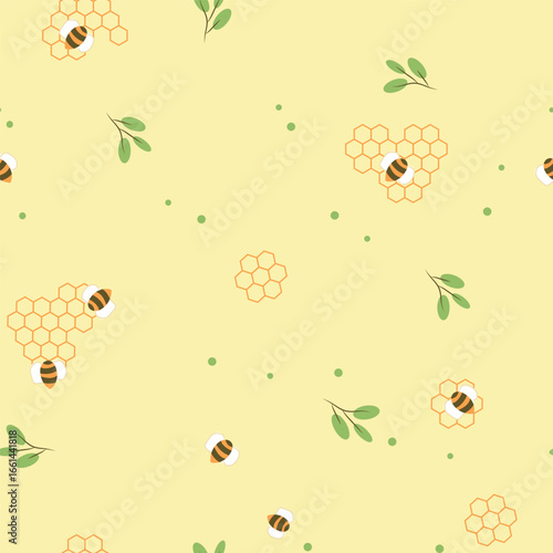 Seamless vector pattern with cute honey bees, honeycombs, and small green leaves on pastel yellow background for spring and summer design
