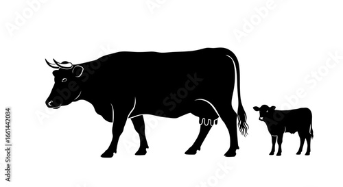Stunning black silhouette of a mother cow and calf standing side by side on a white background