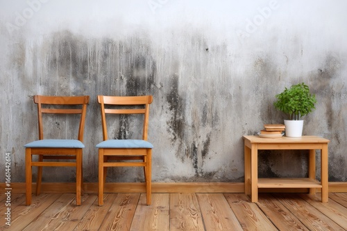 Two wooden chairs and small table facing moldy wall in empty room
