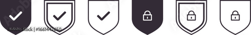 Security Shield Icon Set. Logotypes with Check Mark and Padlock Symbols for Safety Assurance, Secure Protection, Privacy, Cyber Defense, Antivirus, Data Guard, Web App, Network, Reliable. Business