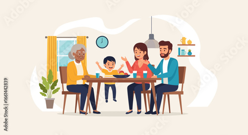 Happy multi-generational family enjoying a heartwarming meal together at home, symbolizing love, unity, and comfortable domestic life. Ideal for lifestyle, parenting, or family-focused designs.