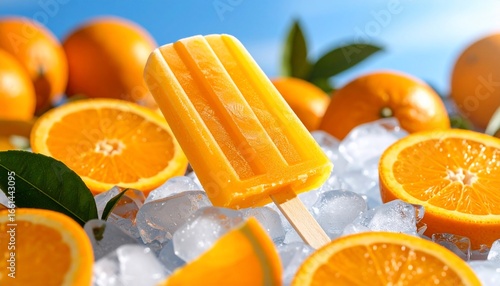 Refreshing orange popsicle on ice cubes with sliced oranges in summer scenery