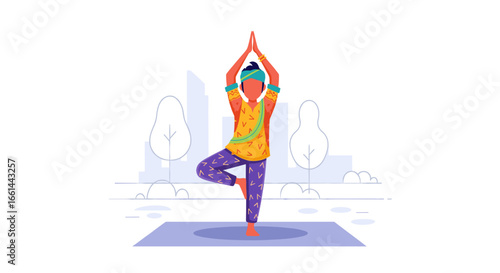 Vibrant illustration of a person practicing Tree Pose yoga outdoors, embodying balance, peace, and healthy lifestyle. Great for wellness and fitness concepts.