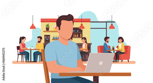 Man working remotely on a laptop in a bustling cafe, representing flexible modern business, digital nomad lifestyle, and public connectivity.
