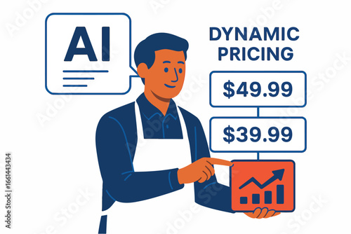 Store owner switching dynamic prices with AI price tags Illustration