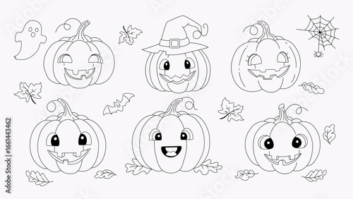 Halloween pumpkin icons set featuring six pumpkins with unique faces, witch hat, leaves, ghost, and spider web. Perfect for holiday design and coloring pages. Black and white illustration.