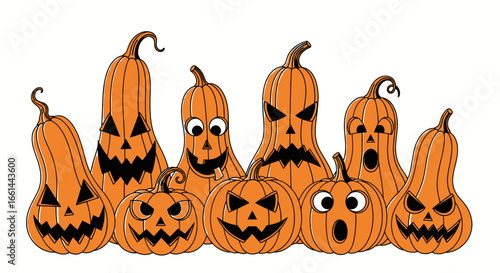 Whimsical Halloween pumpkins with carved faces create a festive and spooky atmosphere for holiday celebrations