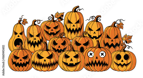 Spooky jack-o'-lanterns gather for a festive Halloween celebration, bringing frightful fun and seasonal cheer.