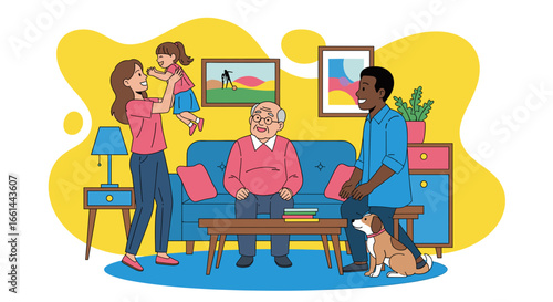 Happy multi-generational family playing together in their living room, depicting joy, love, and everyday home life. Perfect for family, lifestyle, and domestic concepts.