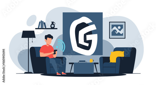 Young man relaxing on a sofa at home, using his smartphone with active Wi-Fi connection. Represents modern connectivity, digital lifestyle, and smart home technology for business or leisure.