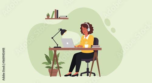 A focused woman works remotely on her laptop with headphones and coffee, highlighting productivity and comfort in a home office setting. Ideal for business, lifestyle, and work-from-home concepts.