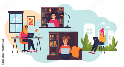 Diverse individuals working and studying remotely from different locations, showcasing modern flexible work arrangements, online learning, and digital connectivity.
