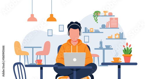 Person in headphones working remotely on a laptop in a modern cafe, symbolizing flexible work, freelance, and a digital nomad lifestyle.