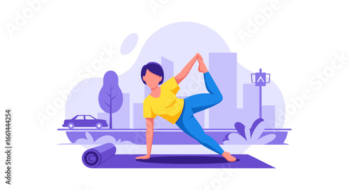 A fit woman practices a challenging yoga pose on a mat in an urban park, embodying wellness, balance, and an active city lifestyle.