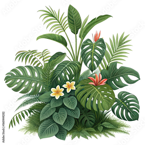 Tropical leaves foliage plant jungle bush floral arrangement nature backdrop isolated png vibrant greenery png lush plant design png leafy jungle setting png tropical foliage arrangement png
