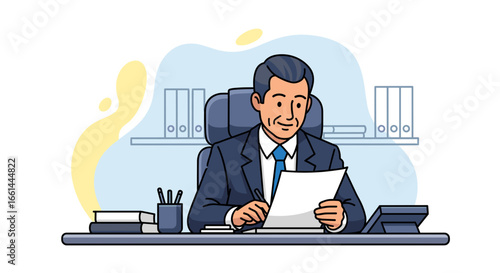 Professional businessman reviewing documents at his office desk, representing efficient work, finance, and corporate management.