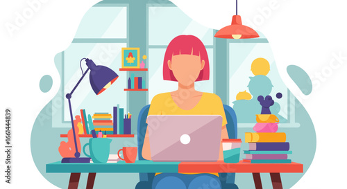 Person working diligently on a laptop at a colorful home office desk, surrounded by books and essentials. Ideal for remote work, education, and digital lifestyle concepts.