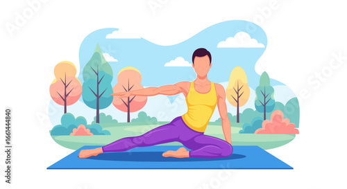 Active person stretching in a vibrant park setting on a yoga mat. Ideal for health, wellness, and fitness concepts.