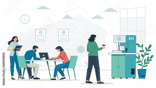 Professionals collaborate, work on laptops, and take a coffee break in a modern, dynamic office environment, representing business productivity and team interaction.