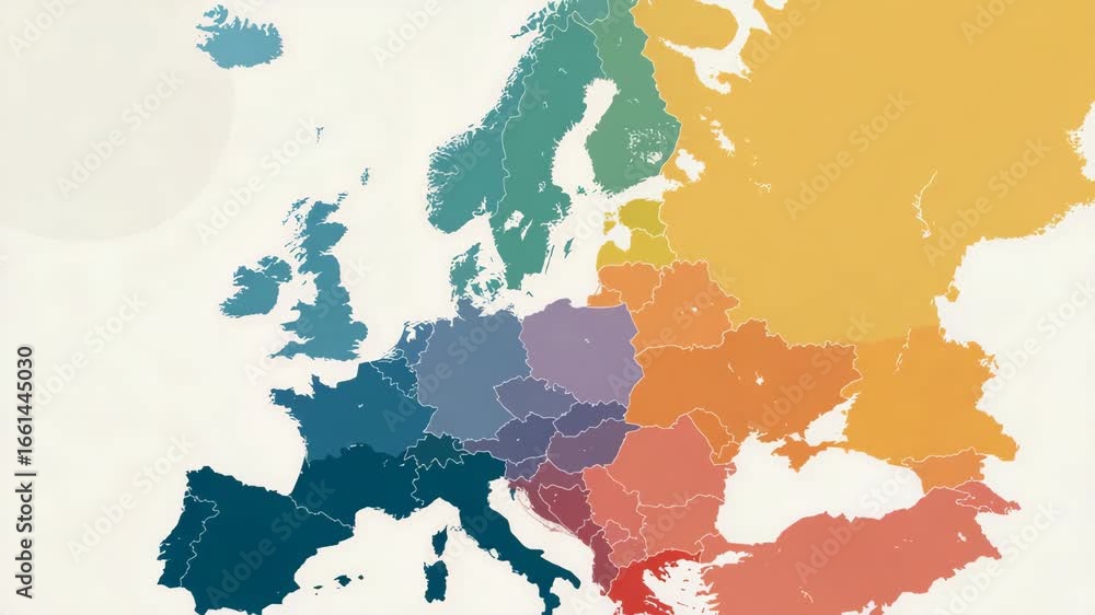 A colorful map of Europe is displayed. Minimal infographic Europe map highlighting Hungary with rainbow restriction icon overlay, Hungary LGBTQ+ restrictions, clean muted