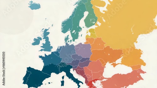 A colorful map of Europe is displayed. Minimal infographic Europe map highlighting Hungary with rainbow restriction icon overlay, Hungary LGBTQ+ restrictions, clean muted