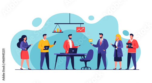 Diverse business team collaborating in a modern office, utilizing technology for data analysis and financial growth. Ideal for corporate, teamwork, and strategy concepts.