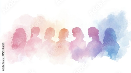 Women United in Harmony, a vibrant watercolor portrayal of diverse women supporting each other, soft pastels on a white backdrop