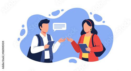 Two animated professionals discuss ideas, exchanging information with notepads. Concept of business communication, teamwork, education, or advice.