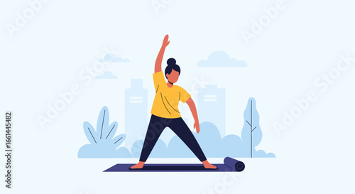 Woman performing a yoga pose on a mat in an urban park setting, embodying health, wellness, and an active lifestyle. Ideal for fitness concepts.