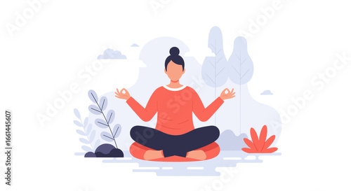 Woman meditating in lotus position amidst a calm natural setting, promoting mindfulness, inner peace, and mental well-being. Ideal for health, wellness, or lifestyle content.