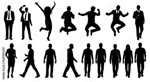 Silhouette figures of people in various poses, business and casual attire.