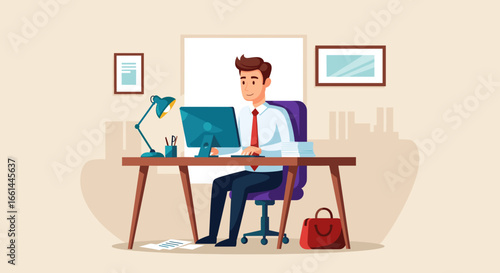 Young professional man focused on his computer at a tidy office desk. Illustrates productivity, modern business, and efficient remote work.