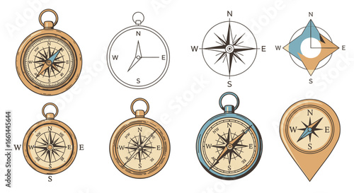 A collection of various compass illustrations, showcasing different designs and styles, used for navigation.
