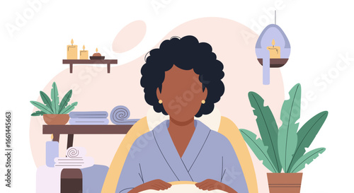 Relaxing Black woman in a spa setting, surrounded by candles and plants, enjoying a moment of self-care and tranquility. Ideal for wellness and beauty concepts.