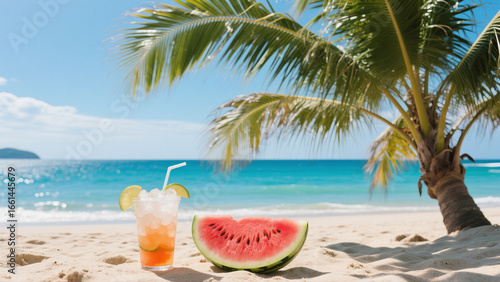 Beach orange drink watermelon, summer vacation scene material