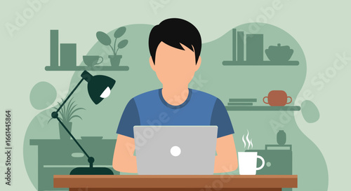Illustration of a person working remotely on a laptop at a home office desk, symbolizing modern productivity and work-life balance.