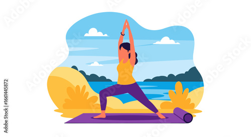 Woman practices yoga in Warrior I pose on a mat by the serene water, promoting fitness, wellness, and a healthy, mindful lifestyle outdoors.
