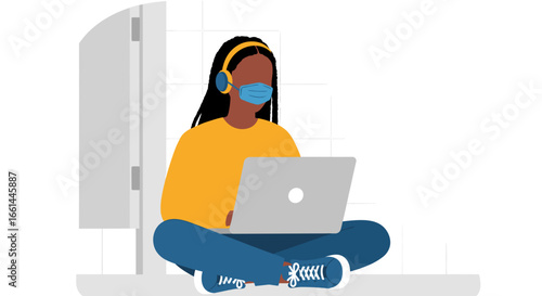 Young Black woman working remotely on laptop with headphones and face mask, symbolizing modern work-from-home or online learning in a new normal.