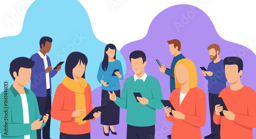 Diverse group of individuals engrossed in smartphones and tablets, symbolizing digital connectivity, social media, and modern communication. Ideal for tech, lifestyle, and business themes.