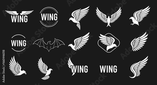 Collection of stylized white wing designs on a dark background.