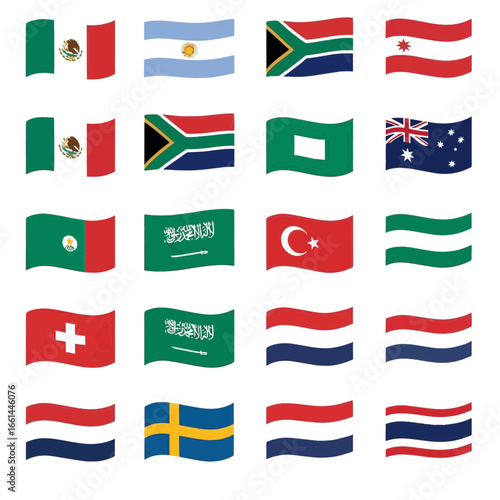 Waving world flags icon set, a diverse collection of international country symbols vector