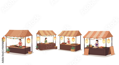 Four traditional market stalls with vendors selling various goods under festive striped canopies and decorative lanterns.