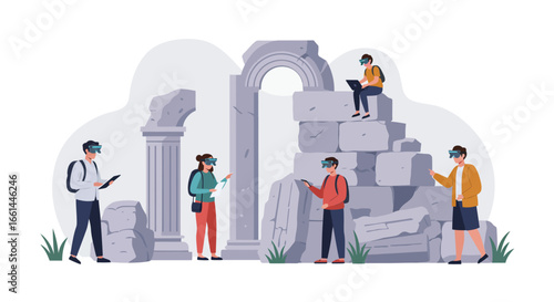 People wearing virtual reality headsets explore and learn about ancient stone ruins and historical architecture.
