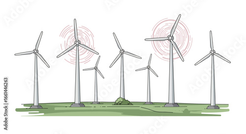 Illustration of multiple wind turbines on a green field, with some actively spinning to generate clean energy.
