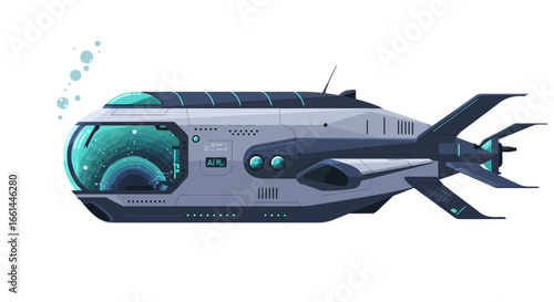 A sleek, futuristic deep-sea submersible with a large panoramic window and advanced propulsion, emitting bubbles as it navigates the ocean.