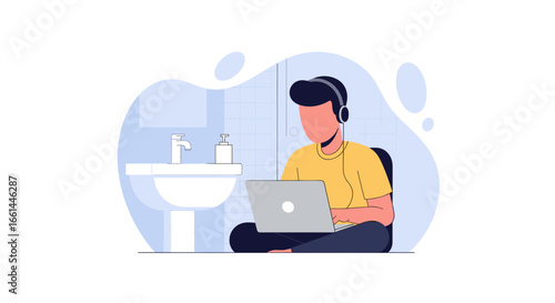 Focused individual in headphones works on a laptop from an unconventional home setting. Illustrates modern remote work, productivity, and flexible lifestyle.