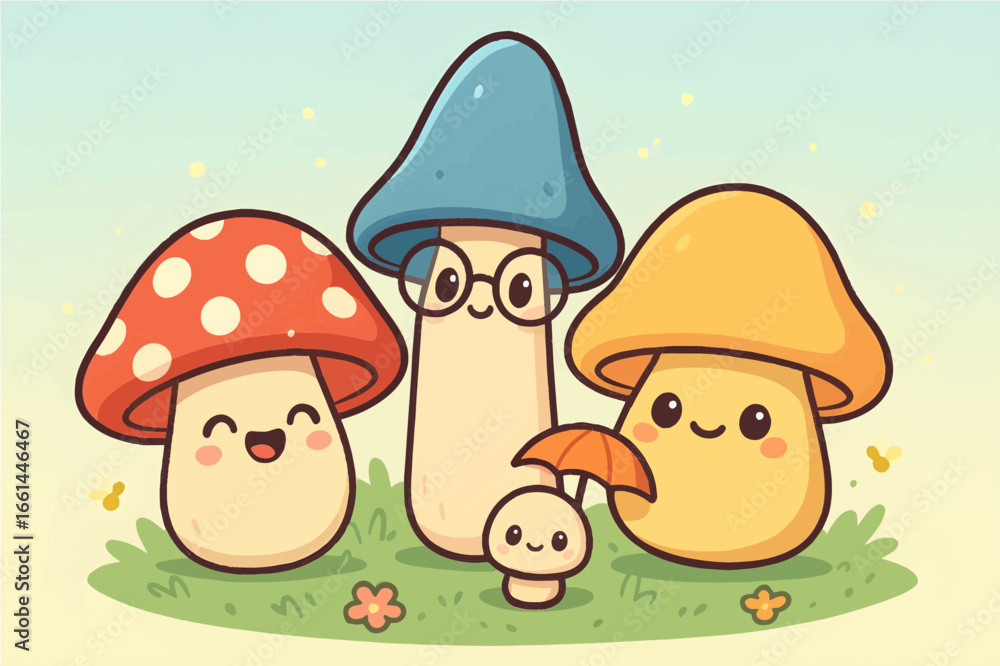 Obraz premium Adorable Mushroom Family Illustration Cute Cartoon Fungi Friends