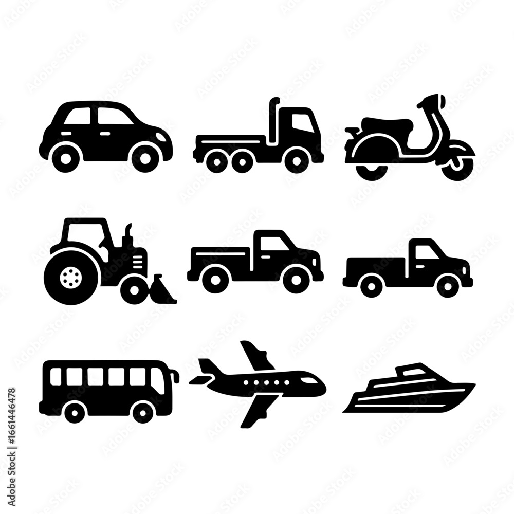 Obraz premium Collection of transportation icons including cars trucks motorcycles tractors buses airplanes and boats