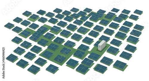 An aerial view of a large solar farm featuring numerous photovoltaic panels arranged on green plots with a central inverter building.